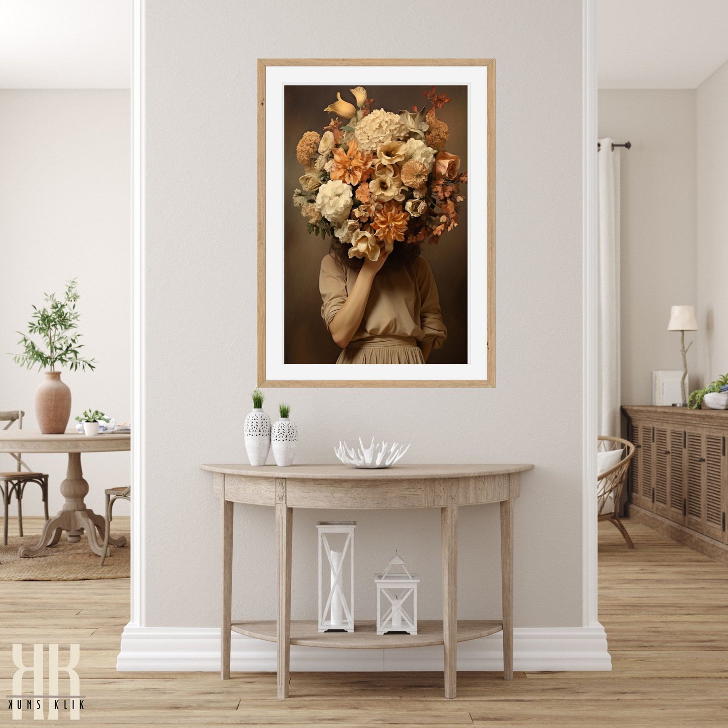 Woman Flower Bouquet Head Feminine Wall Art - Beige 2