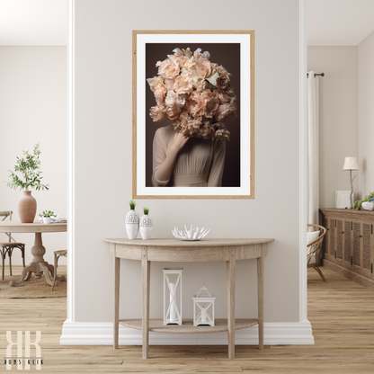 Woman Flower Bouquet Head Feminine Wall Art - Beige 12