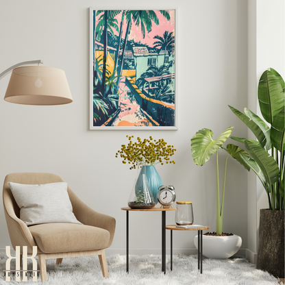 Sunset Glow Tropical Print – Retro Beachside Cottages & Bold Palms