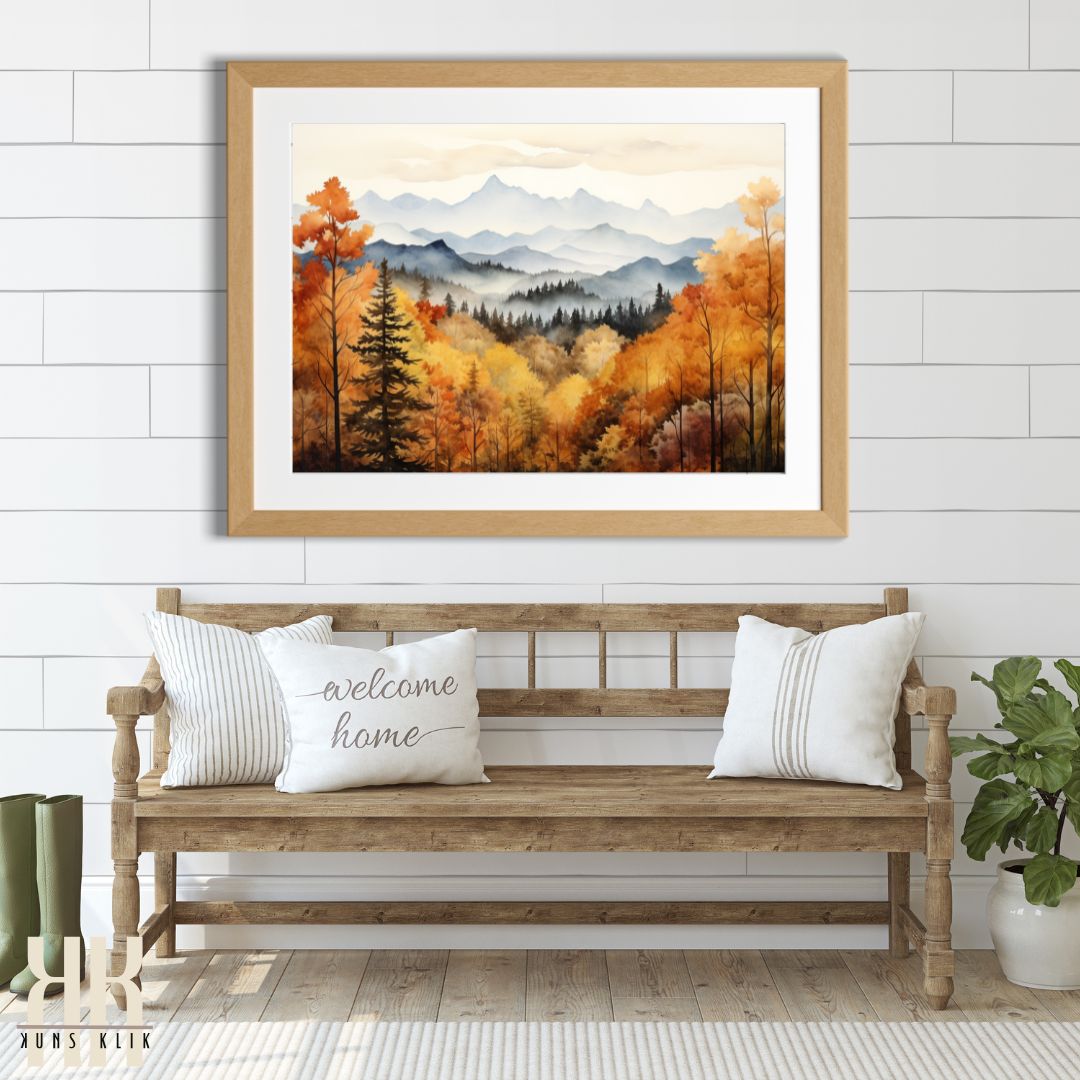 Misty Autumn Mountains Watercolor Painting