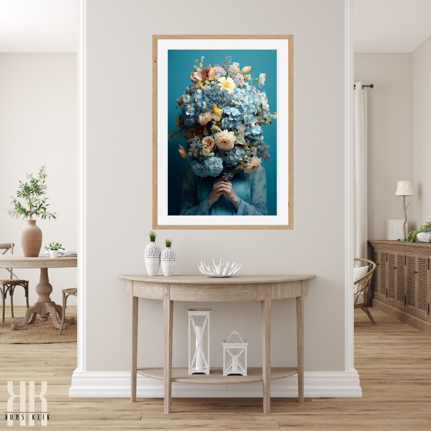 Woman Flower Bouquet Head Feminine Wall Art - Blue 7