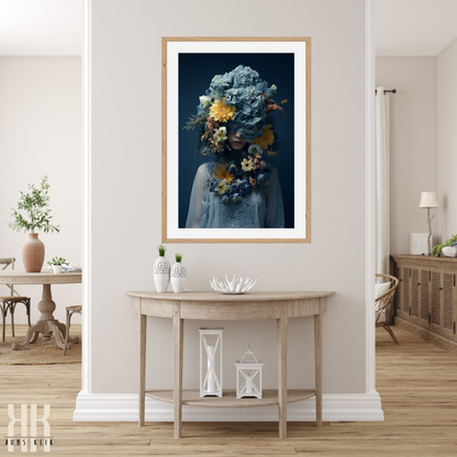 Woman Flower Bouquet Head Feminine Wall Art - Blue 8