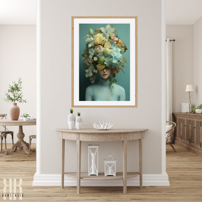 Woman Flower Bouquet Head Feminine Wall Art - Turquoise 10