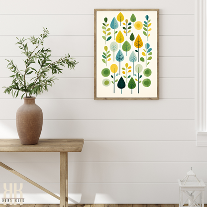 Green Blue Leaf Pattern Minimalist Print