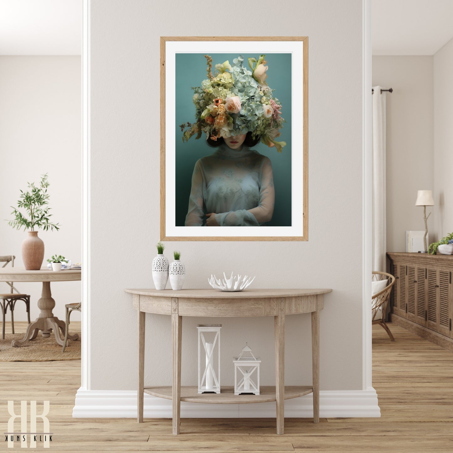 Woman Flower Bouquet Head Feminine Wall Art - Turquoise 2