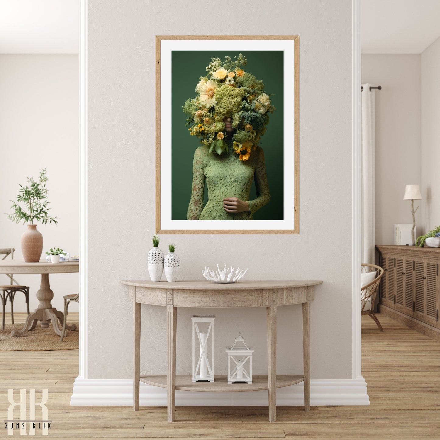 Woman Flower Bouquet Head Feminine Wall Art - Green 4