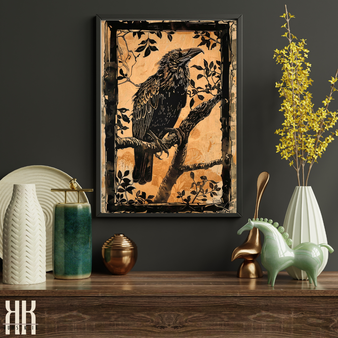 Bold Raven on Branch in Antique Woodcut Style