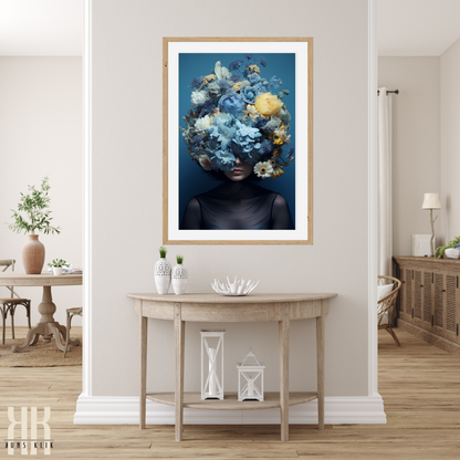 Woman Flower Bouquet Head Feminine Wall Art - Blue 6