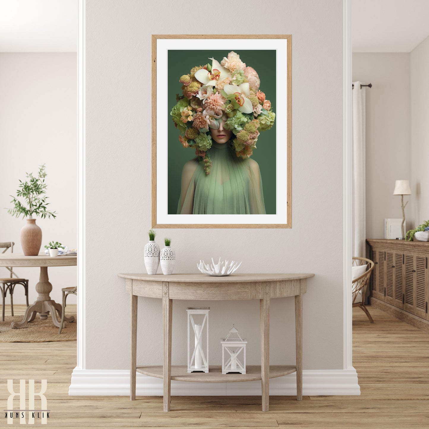 Woman Flower Bouquet Head Feminine Wall Art - Green 12