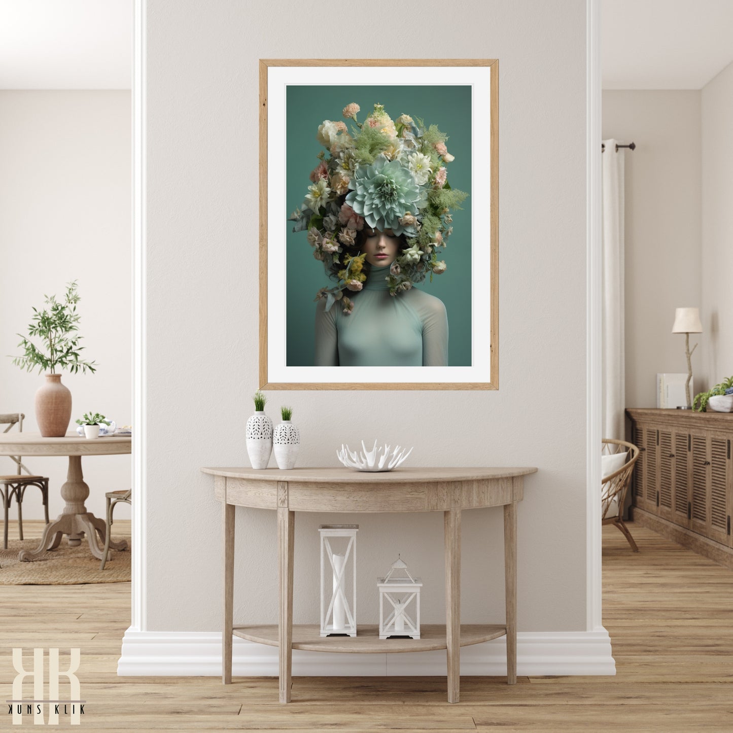 Woman Flower Bouquet Head Feminine Wall Art - Turquoise 12