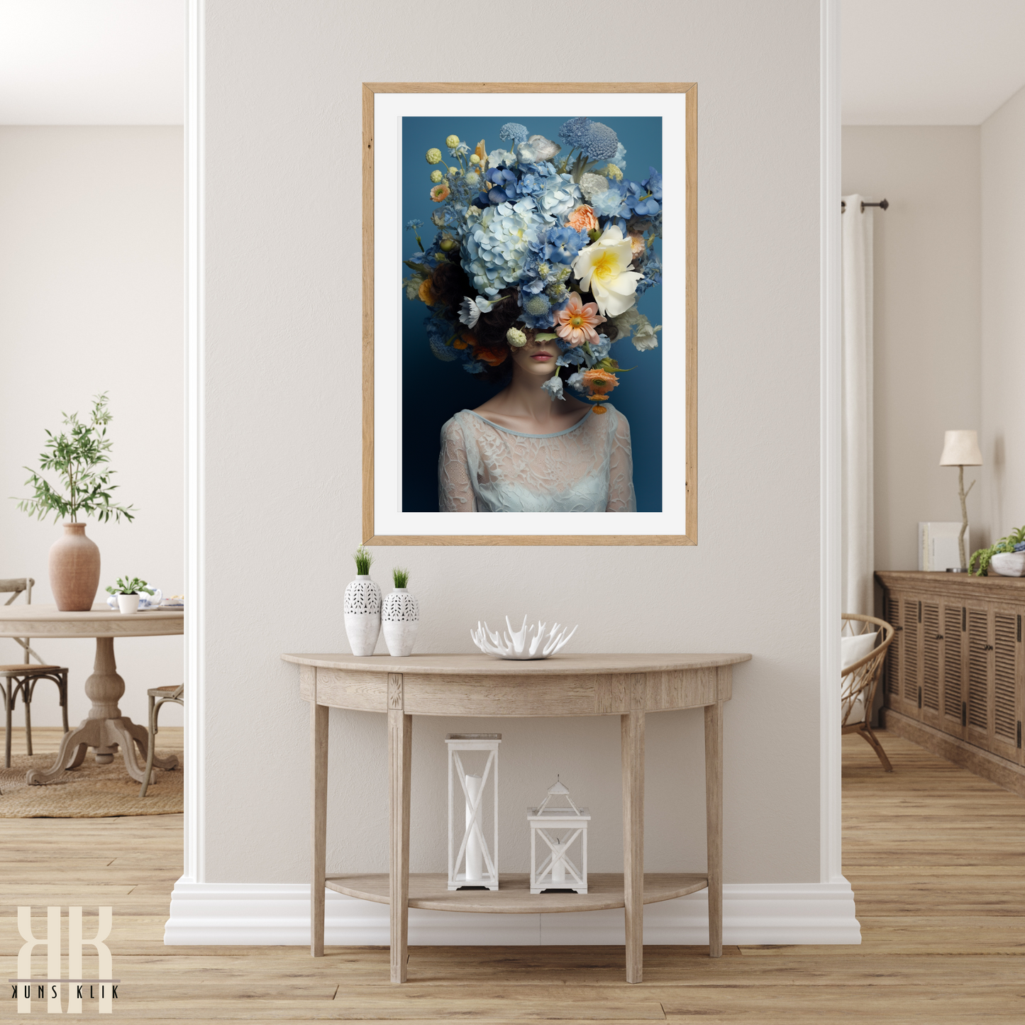 Woman Flower Bouquet Head Feminine Wall Art - Blue 12