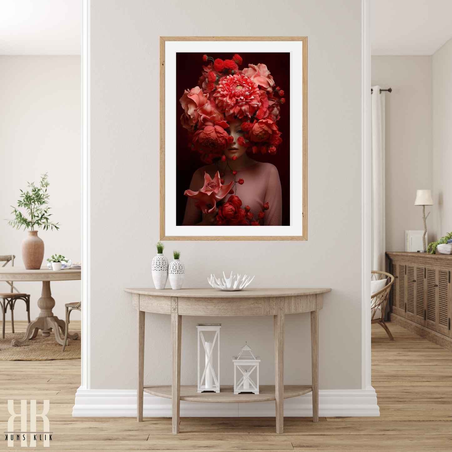 Woman Flower Bouquet Head Feminine Wall Art - Red 5