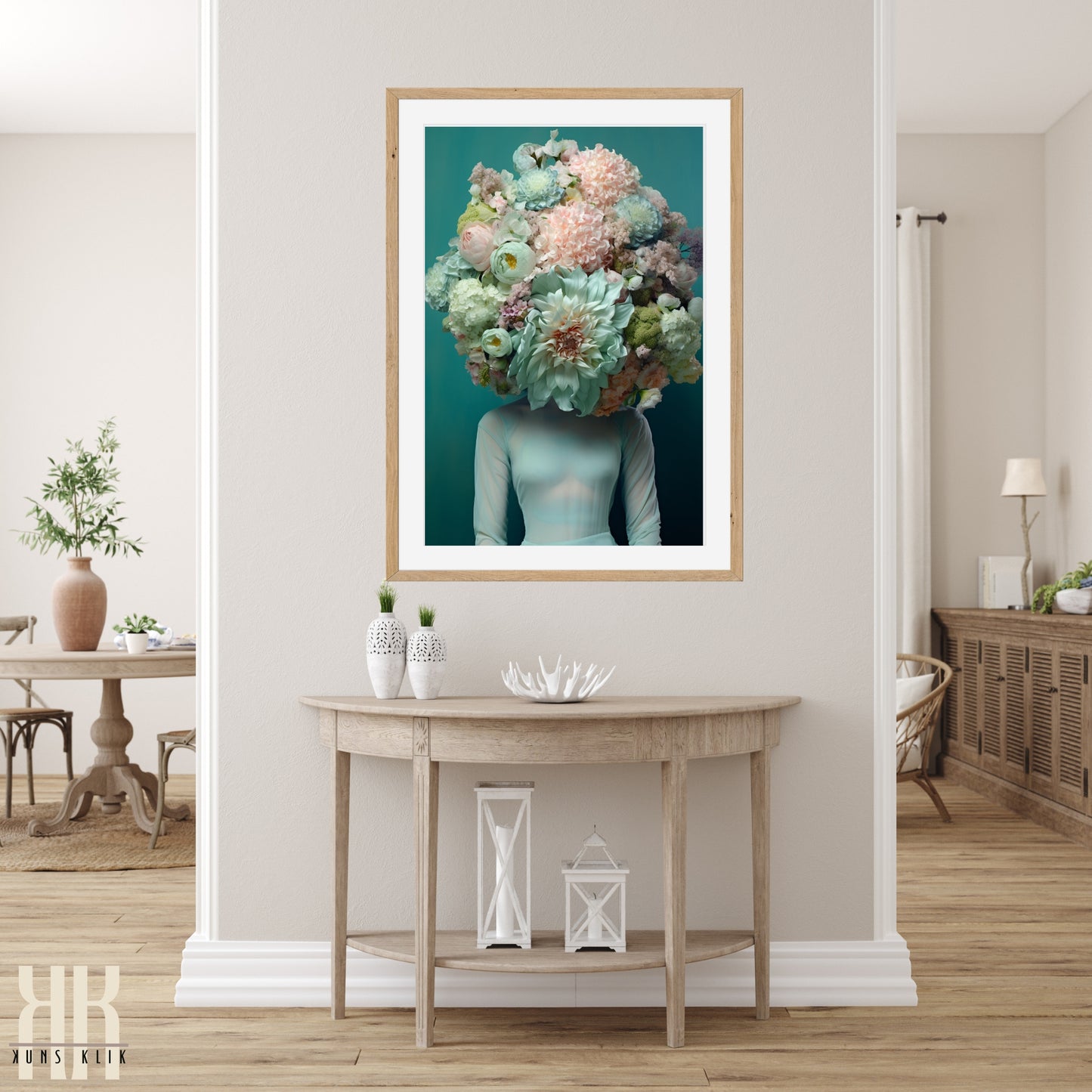 Woman Flower Bouquet Head Feminine Wall Art - Turquoise 6