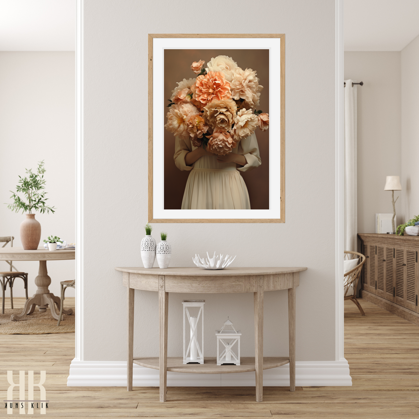 Woman Flower Bouquet Head Feminine Wall Art - Beige 9