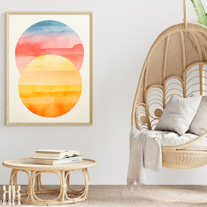 Minimalist Watercolour Sunset Mountain Art Print - 1