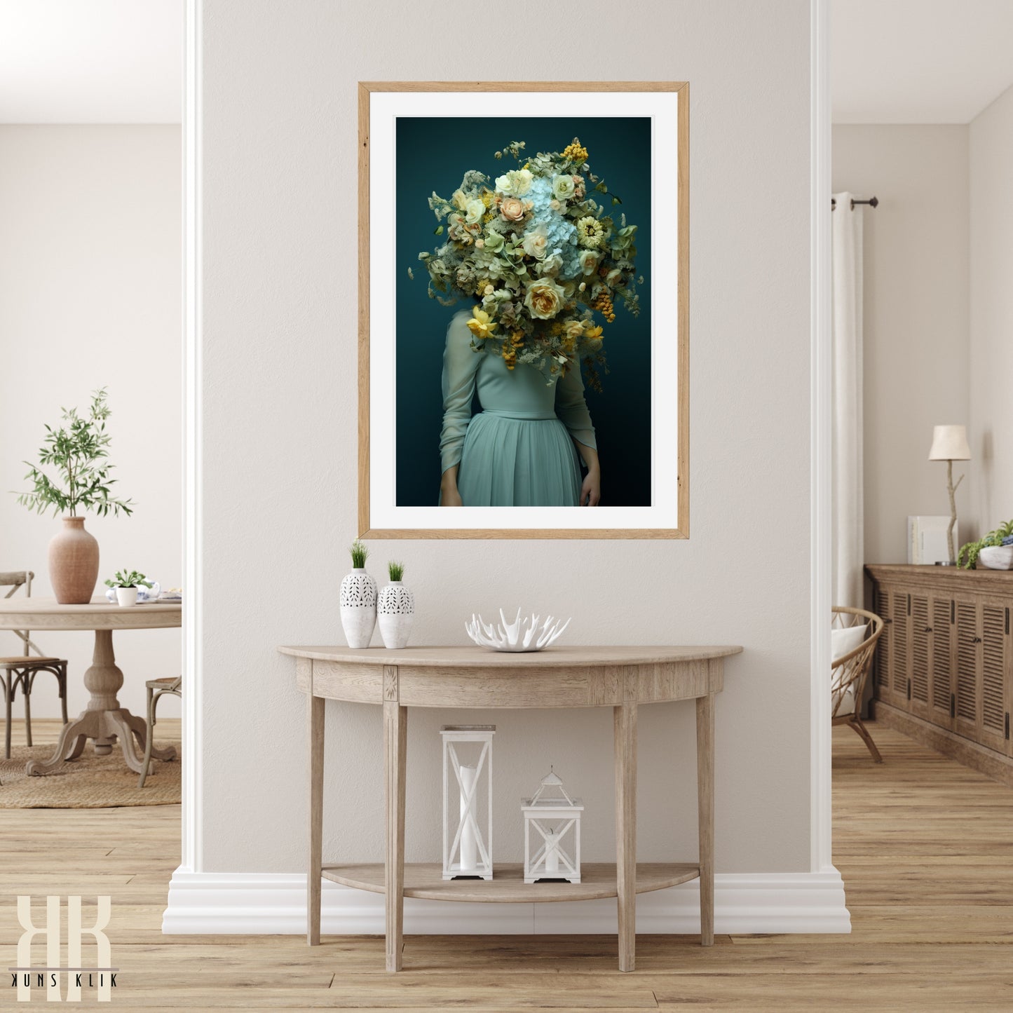 Woman Flower Bouquet Head Feminine Wall Art - Turquoise 9