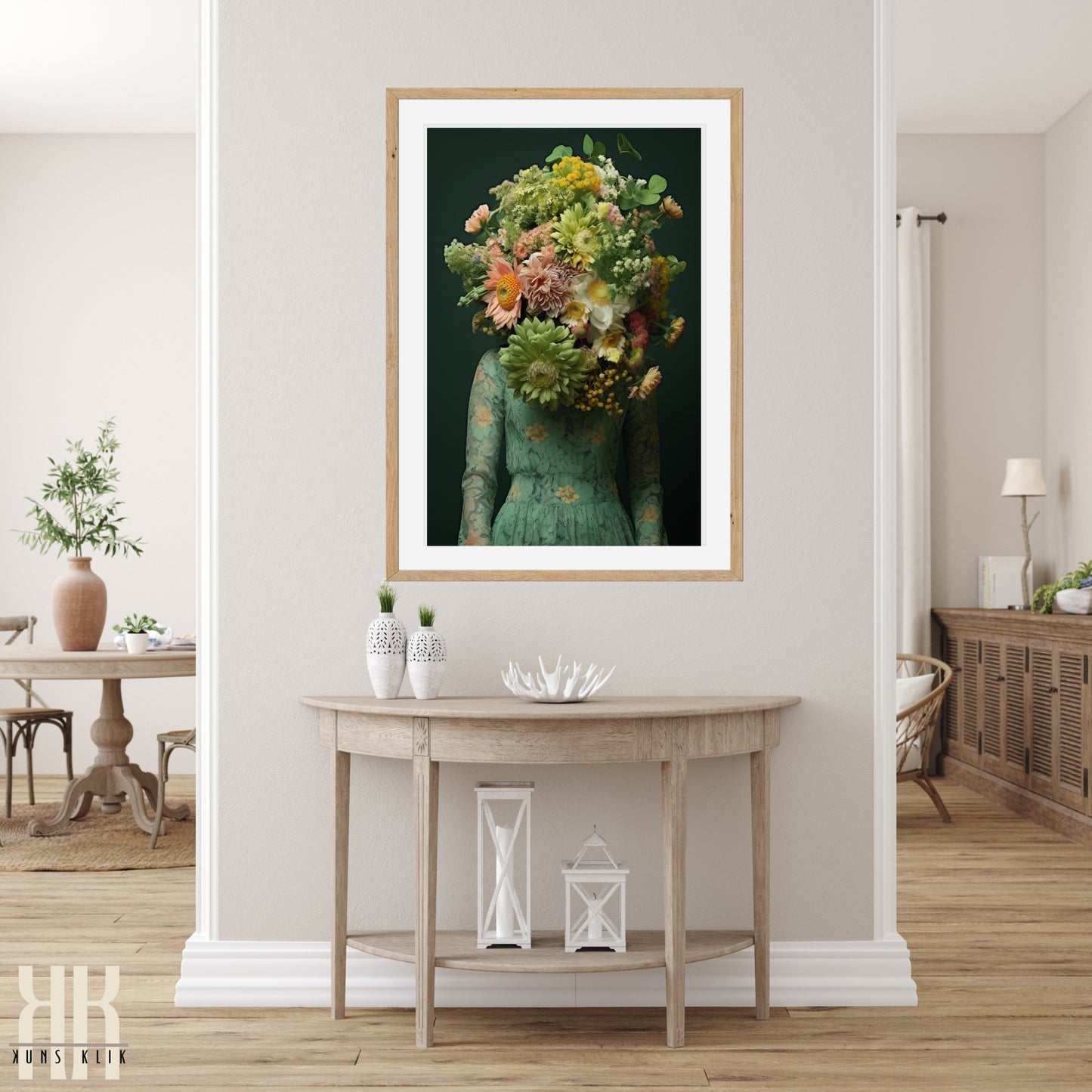 Woman Flower Bouquet Head Feminine Wall Art - Green 8