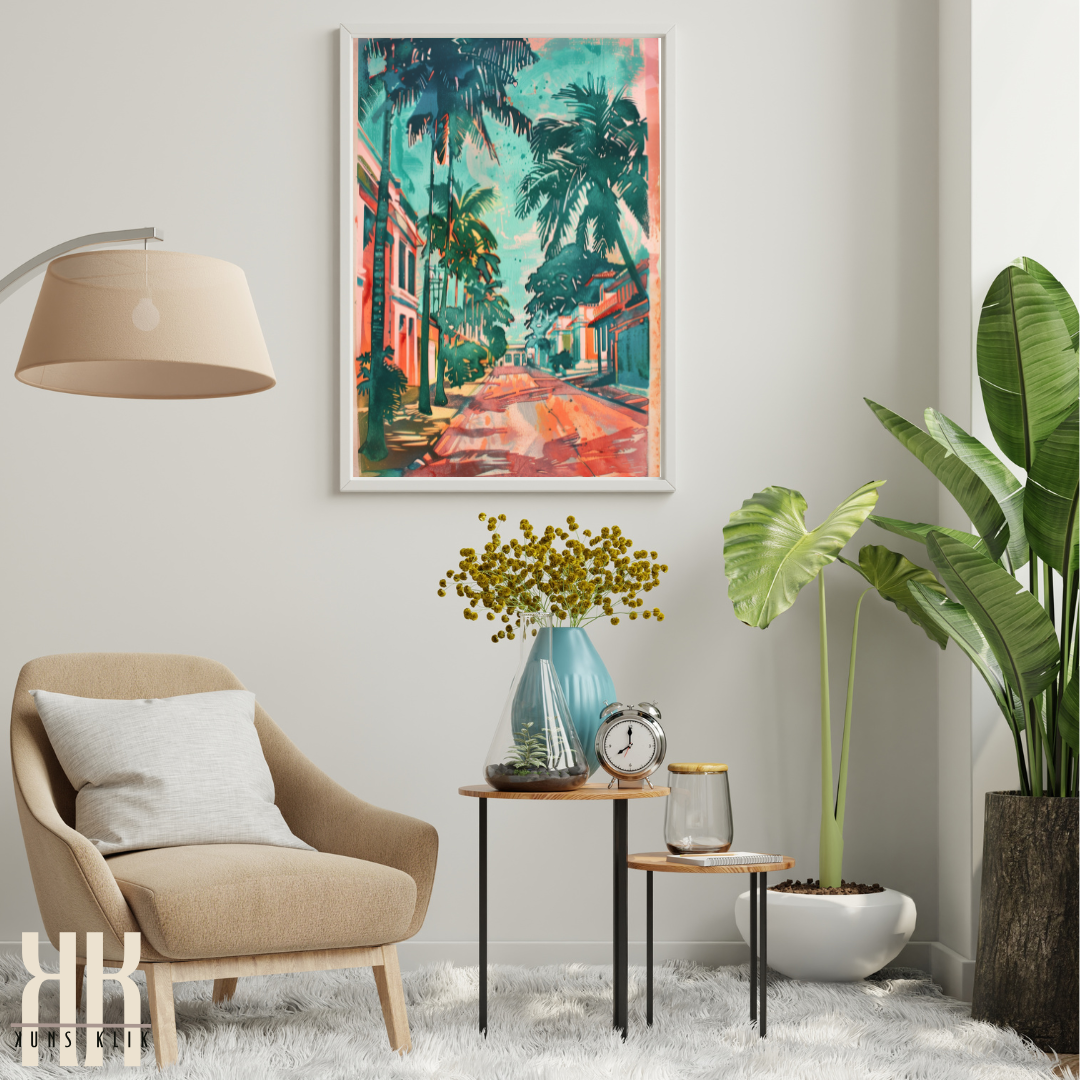 Vintage Tropical Travel Poster – Palm Trees, Ocean Views & Coastal Homes