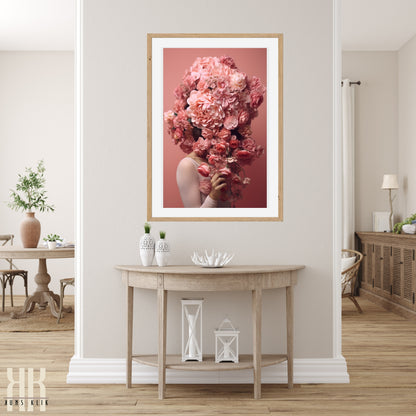 Woman Flower Bouquet Head Feminine Wall Art - Pink 2