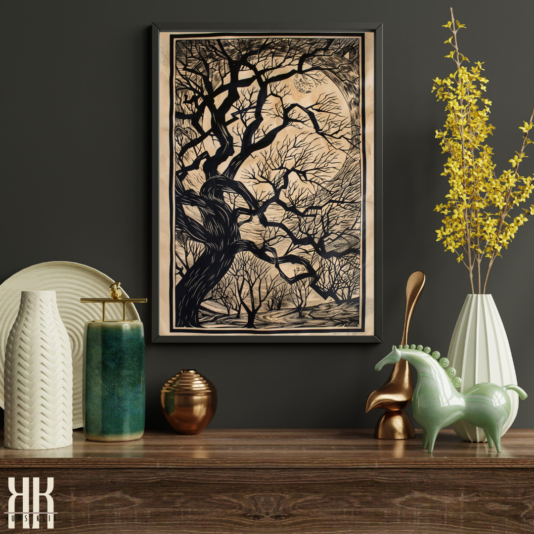 Dark Forest at Night Tree and Moon Black and White Vintage Print