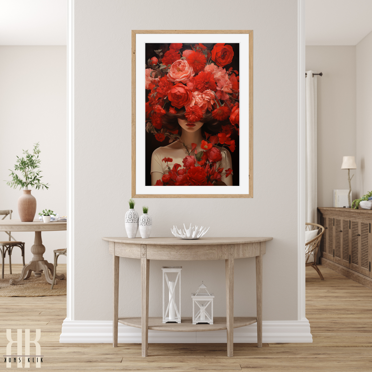 Woman Flower Bouquet Head Feminine Wall Art - Red 8