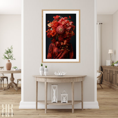 Woman Flower Bouquet Head Feminine Wall Art - Red 11