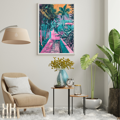 Tropical Getaway Art Print – Palm-Lined Streets & Sunset Colours