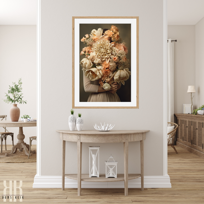 Woman Flower Bouquet Head Feminine Wall Art - Beige 8