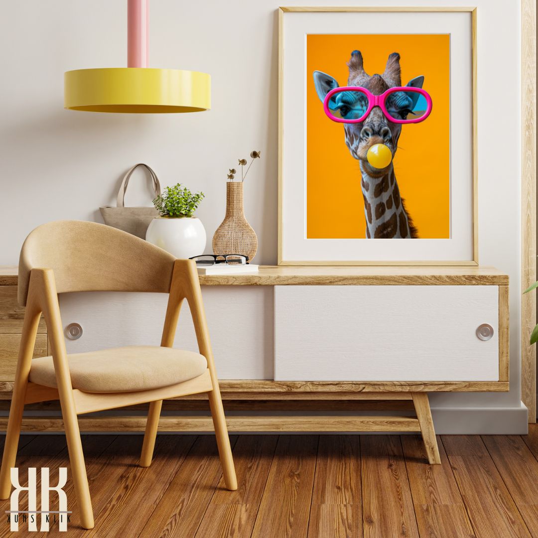 Giraffe Wearing Sunglasses Blowing a Bubble