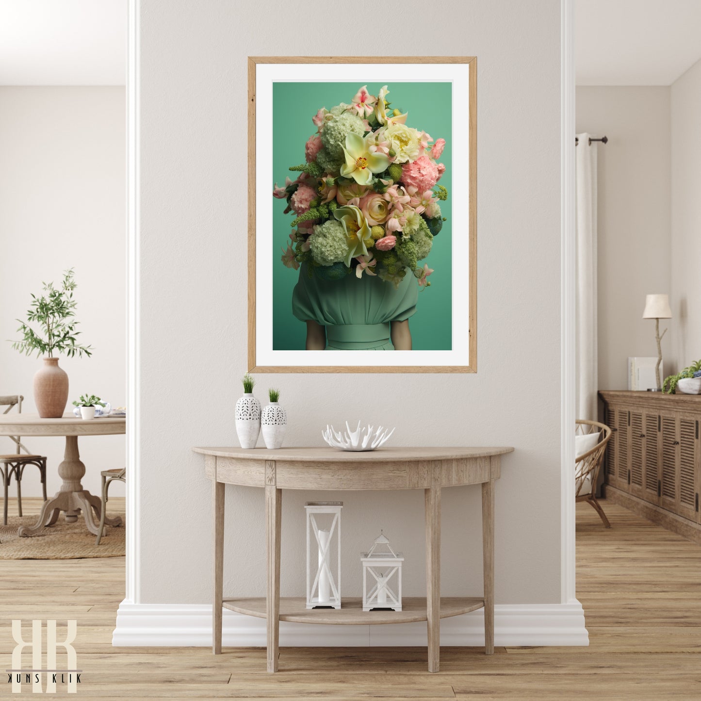 Woman Flower Bouquet Head Feminine Wall Art - Green 11