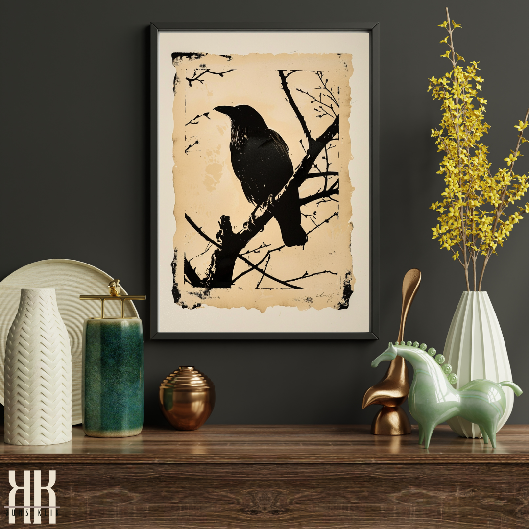 Majestic Crow Illustration in Classic Woodcut Style