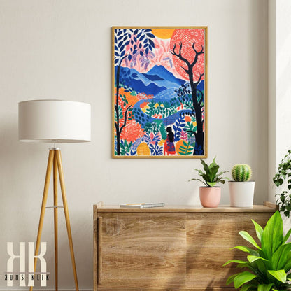 Colourful Abstract Nature Scene with Trees and Mountains