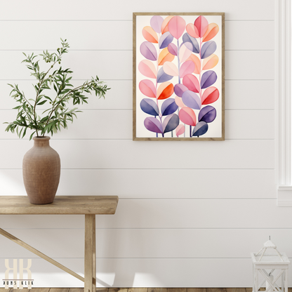 Abstract Botanical Watercolour Art Pink and Purple Leaves Print