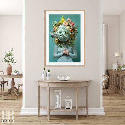 Woman Flower Bouquet Head Feminine Wall Art - Turquoise 11