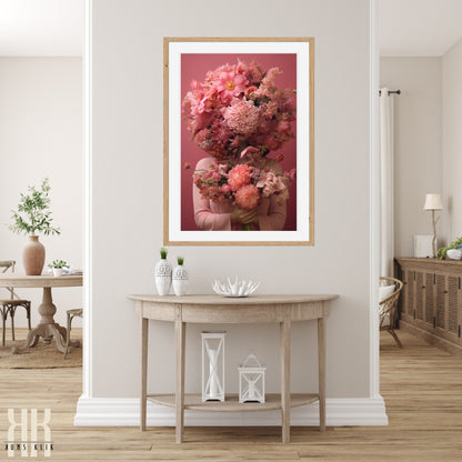 Woman Flower Bouquet Head Feminine Wall Art - Pink 6