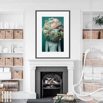 Woman Flower Bouquet Head Feminine Wall Art - Turquoise 6