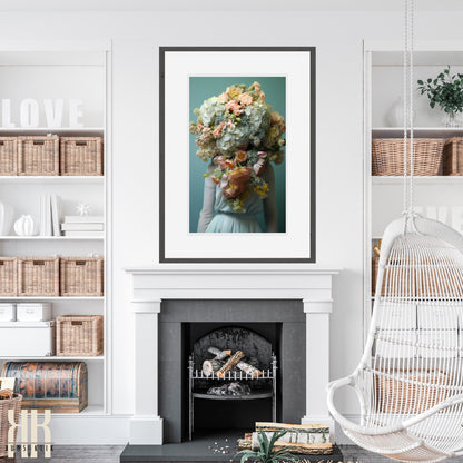 Woman Flower Bouquet Head Feminine Wall Art - Turquoise 3