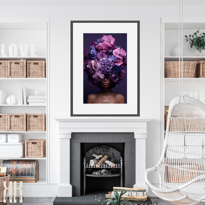 Woman Flower Bouquet Head Feminine Wall Art - Purple 2