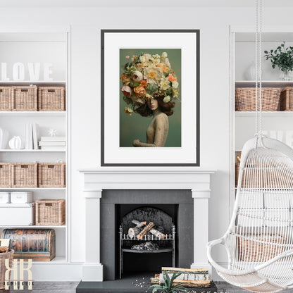 Woman Flower Bouquet Head Feminine Wall Art - Green 10