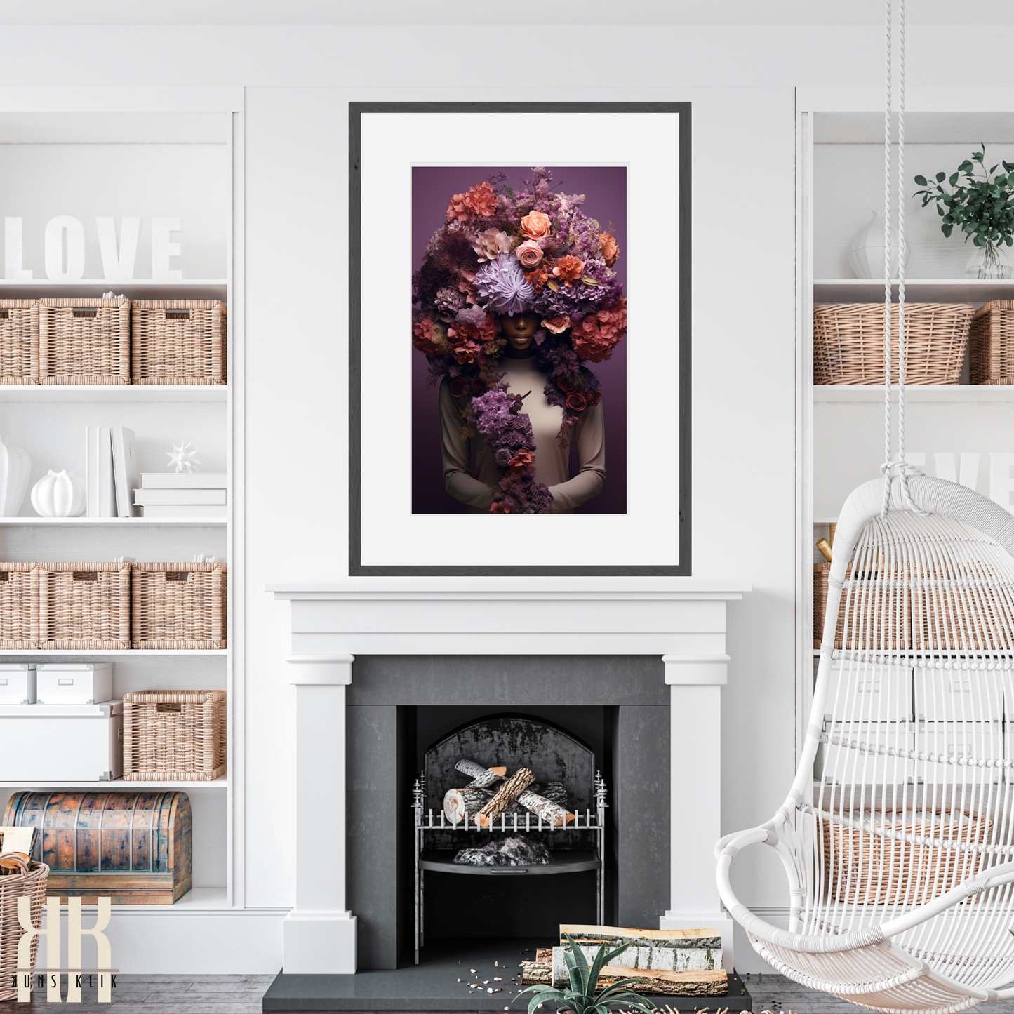 Woman Flower Bouquet Head Feminine Wall Art - Purple 8