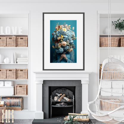 Woman Flower Bouquet Head Feminine Wall Art - Blue 7