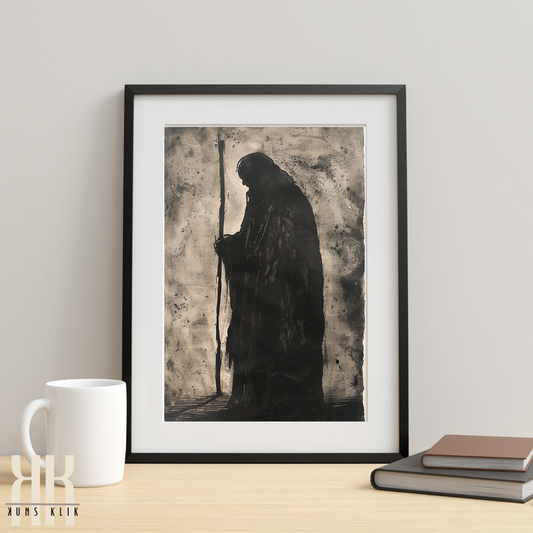 Lone Hooded Figure on a Journey Dark Charcoal Art