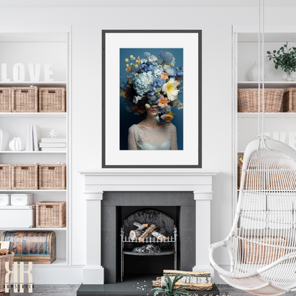 Woman Flower Bouquet Head Feminine Wall Art - Blue 12