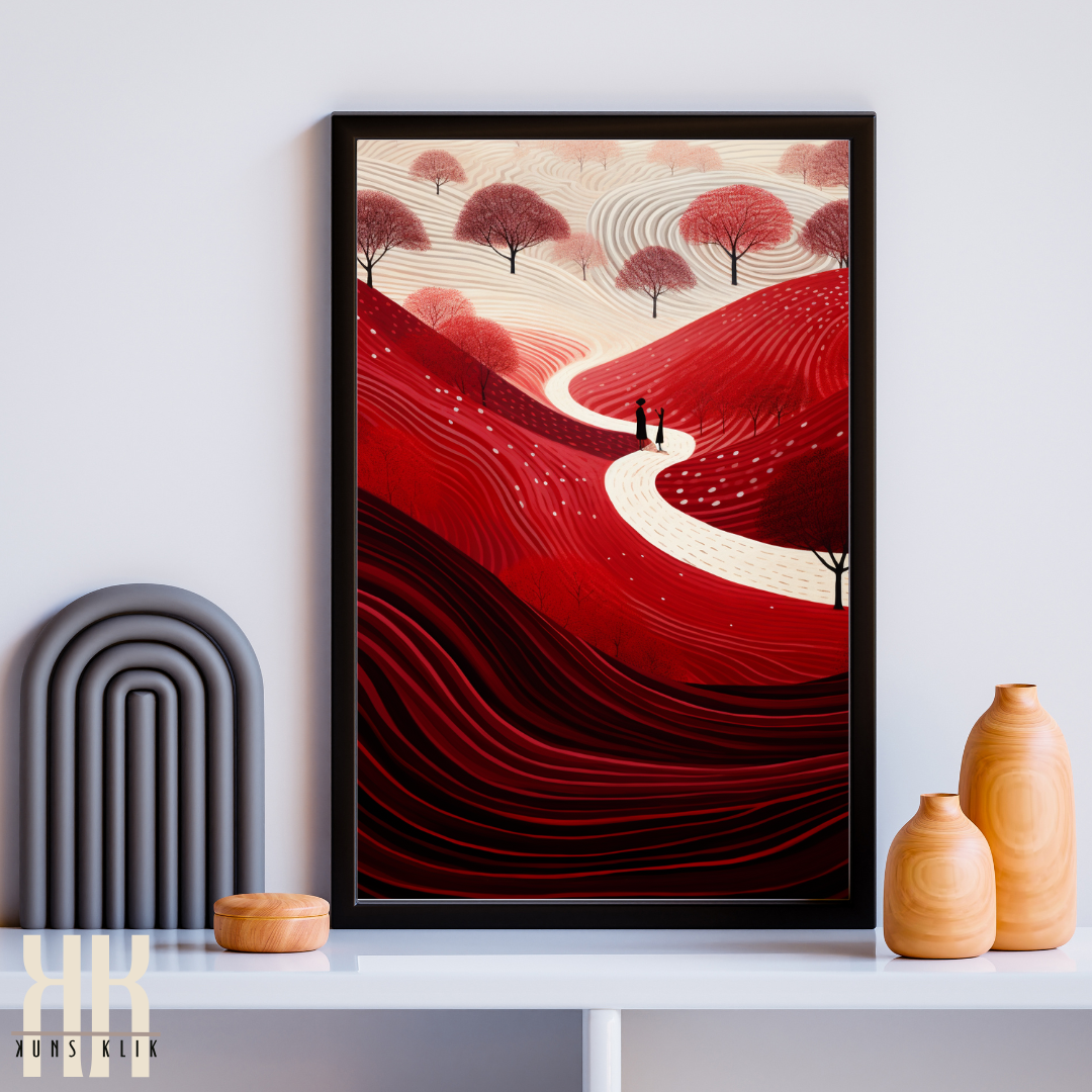 Abstract Red Landscape Print with Silhouetted Figures