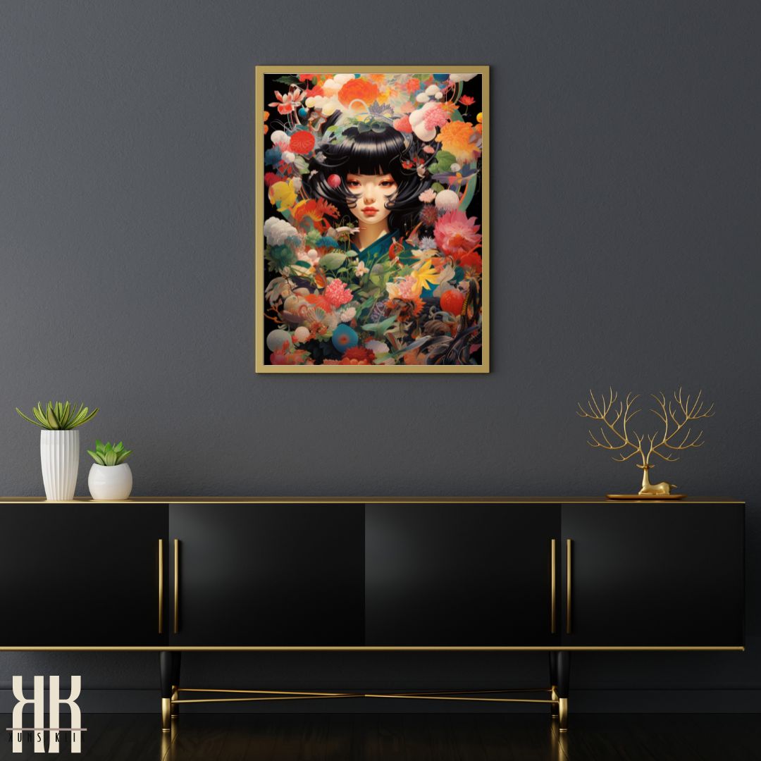 Geisha in Floral Pattern Oriental Art