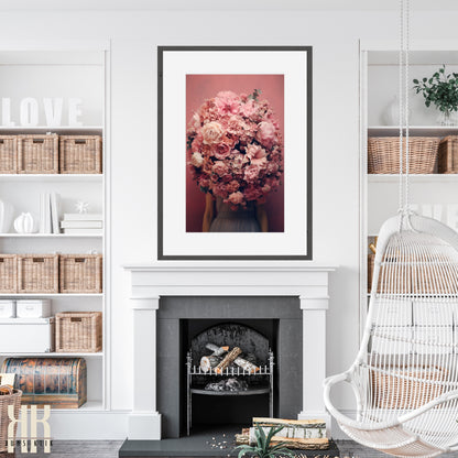 Woman Flower Bouquet Head Feminine Wall Art - Pink 1