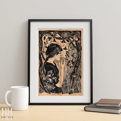 Woman in Vines and Flowers Vintage Black Ink Art