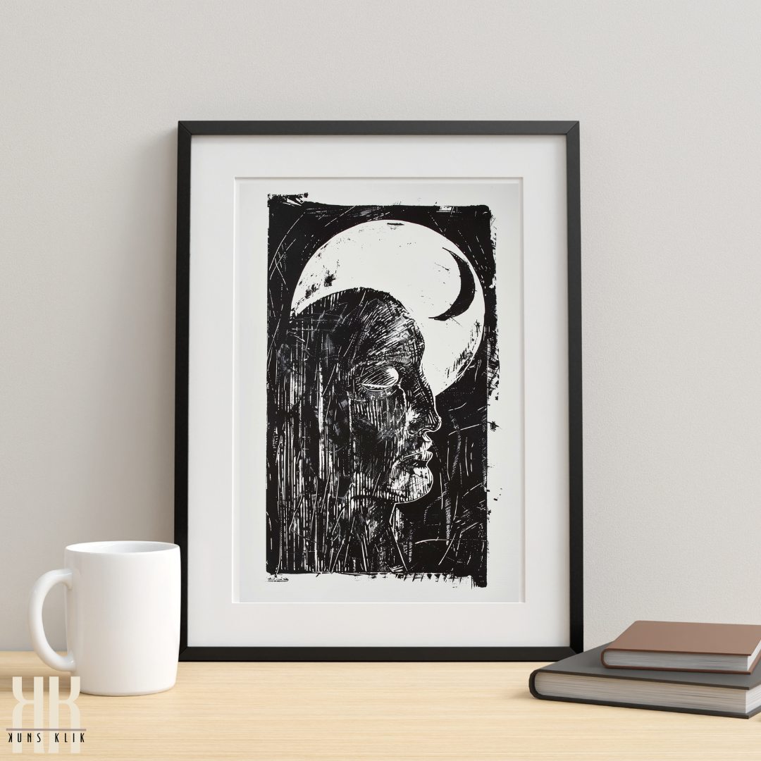 Black and White Etching Figure in the Night with Moon