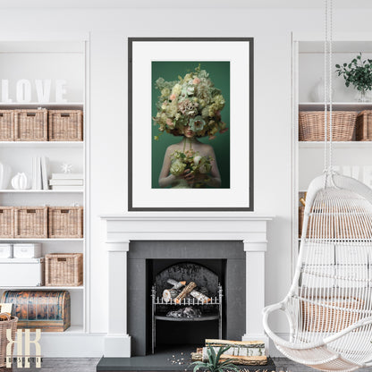 Woman Flower Bouquet Head Feminine Wall Art - Green 7