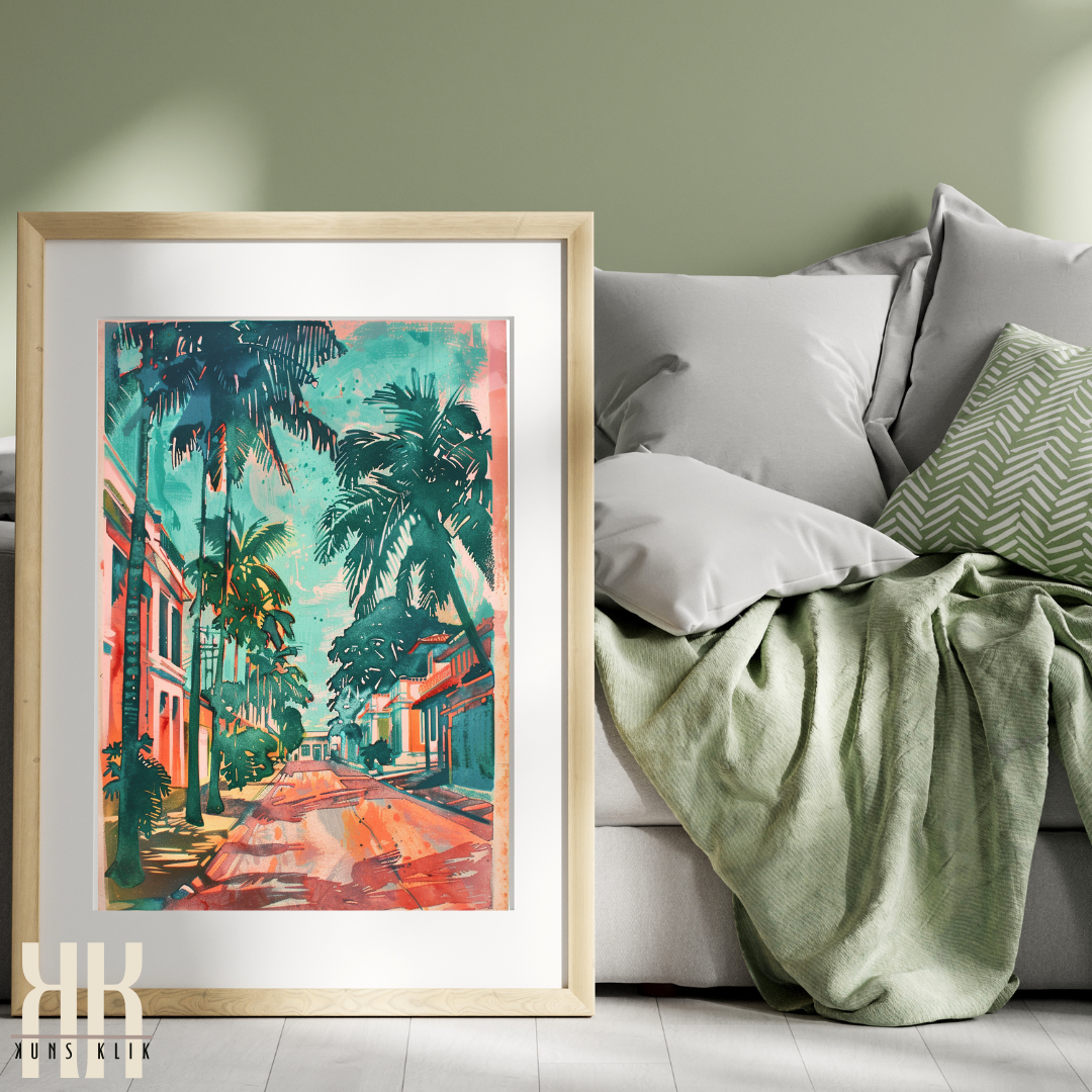 Vintage Tropical Travel Poster – Palm Trees, Ocean Views & Coastal Homes